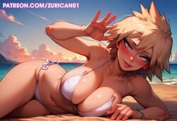 ai_generated beach big_breasts bikini blonde_female blonde_hair blush boku_no_hero_academia laying_on_side looking_at_viewer mitsuki_bakugou my_hero_academia pose ryuuziken01 short_hair smile