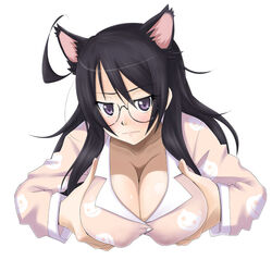 animal_ears bakemonogatari black_hair black_hanekawa blush breast_grab breasts cat_ears cleavage clothed clothing eyewear female glasses hair hanekawa_tsubasa long_hair looking_at_viewer monogatari_(series) pince-nez plain_background purple_eyes shirt solo unknown_artist white_background