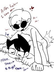 2boys anal bed before_sex blush clothed clothed_male dave_strider dialogue drool gay glasses headgear headwear heart homestuck instant_loss_2koma john_egbert korochubby male male_focus male_only moaning moaning_in_pleasure on_bed penetration sex shades short_hair short_hair_male sunglasses twink yaoi