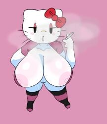 breasts_out breasts_out_of_clothes eye_contact half-closed_eyes hello_kitty hello_kitty_(character) hello_kitty_(series) holding_cigarette kitty_white kneesocks looking_up nipslip pussy_lips pussy_peek sanrio savagensfw smoke smoking smoking_cigarette striped_thighhighs thighhighs