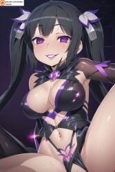 ai_generated black_hair corrupted corruption evil_smile hestia_(danmachi) omega-weirdo patreon purple_eyes twintails