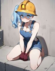 1girls ai_generated barefoot blue_eyes blue_hair cleavage clothed clothing denim_clothing denim_overalls female full_body fully_clothed gloves helmet medium_breasts miner_(soul_knight) mining_helmet overalls ponytail red_gloves short_hair side_ponytail soul_knight thighs top wall white_shirt