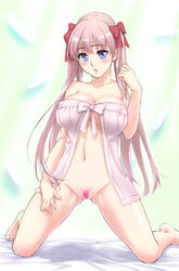 babydoll barefoot blue_eyes blush bottomless bow breasts cleavage collarbone erect_nipples female female_only hair_ribbon hairbow haramura_nodoka highres human kneeling korisei large_breasts long_hair looking_at_viewer navel negligee parted_lips pink_hair ribbon saki solo tied_hair twintails uncensored