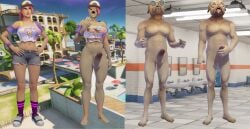 anthro brite_bomber canine dog_ears doggo_(fortnite) female female_to_male fortnite holding_penis human human_to_anthro malakisuglypotato_(artlist) male muscles penis pink_hair ramirez_(fortnite) shocked smile tongue tongue_out transformation transformation_sequence