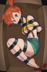 1girls barefoot bdsm big_breasts blue_eyes bondage exposed_nipples gagged hairband in_box in_container kasumi_(pokemon) looking_at_viewer nipples no_bra orange_hair pink_nipples pokemon red_hair restrained shorts slave squallpion sweat tears