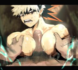 2boys blonde_hair breasts darkline erection foreskin gay groping izuku_midoriya katsuki_bakugou male_focus male_only muscle my_hero_academia pec_job pecs penis pov thrusting