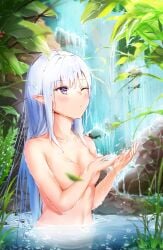1girls 2020s 2021 areolae bathing blush breasts closed_mouth completely_nude completely_nude_female convenient_censoring day elf emilia_(re:zero) kafemoka_(user_wmrx3848) leaf leaf_censor long_hair looking_ahead medium_breasts nature navel nude nude_female one_eye_closed outdoors partially_submerged pointy_ears purple_eyes re:zero_kara_hajimeru_isekai_seikatsu ribs sidelocks silver_hair solo stomach straight_hair teenage_girl teenager tree upper_body very_long_hair water waterfall wet wet_hair