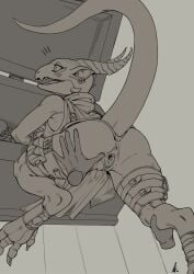 ambiguous_gender anthro anus armor ass butt_grab clothing container crestfallenartist duo female female/ambiguous genitals hand_on_butt hi_res humanoid kobold leg_grab monochrome pussy questionable_consent raised_tail spread_pussy spreading surprise surprised_expression tail thief