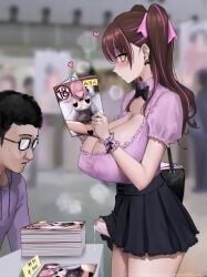 1boy 1futa artist_name bag big_penis black_hair black_skirt blurry blush book breasts brown_hair cleavage clothed clothing covered_nipples dated earrings erection erection_in_panties erection_under_clothes futa_focus futanari glasses handbag holding_book holding_object huge_breasts ikemeru19 jewelry light-skinned_futanari long_hair mostly_clothed original patreon_username penis purple_eyes shirt skirt standing tenting twintails two_side_up unaware watermark web_address