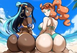 2024 2d 2girls ai_generated ass ass-to-ass back beach bikini black_hair blue_eyes blue_hair chocolate_and_vanilla dark-skinned_female dark_skin dat_ass day green_eyes huge_ass human human_female human_only interracial light-skinned_female light_skin long_hair looking_at_viewer looking_back mullon nessa_(pokemon) no_sex novelai orange_hair outdoors outside pabg pawg pokemon pokemon_ss side_ponytail sonia_(pokemon) straight_hair that_ass_was_fat tropical two_tone_hair wavy_hair