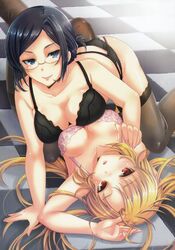 2girls all_fours arm arm_support arm_up armpits arms asymmetrical_docking bangs bare_shoulders black_bra black_hair black_legwear black_panties blonde_hair blue_eyes blush bra breast_press breasts checkered checkered_floor cleavage collarbone cowgirl_position female garter_belt glasses highres k.y_ko lace lace-trimmed_thighhighs large_breasts lingerie long_hair looking_at_viewer lying multiple_girls nail_polish on_back open_mouth panties pantyhose parted_bangs parted_lips pink_bra red_eyes scan short_hair smile thighband_pantyhose thighhighs underwear yuri