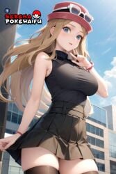 ai_generated black_miniskirt black_stockings black_thighhighs blonde_hair blue_eyes game_freak hat miniskirt nintendo serena_(pokemon)