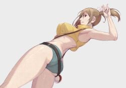 absurdres ass belt blonde_hair breasts brown_eyes closed_mouth commentary_request creatures_(company) cropped_shirt double_v eyelashes female from_below game_freak green_shorts highres huge_ass kasumi_(pokemon) kikken large_breasts looking_down nintendo pointy_breasts poke_ball poke_ball_(basic) pokemon pokemon:_the_electric_tale_of_pikachu shirt short_shorts shorts side_ponytail sleeveless sleeveless_shirt smile solo thick_thighs thighs tongue tongue_out v yellow_shirt
