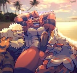 3boys abs acarine anthro arachnid arcanine arthropod barazoku beach biceps canid canine digital_media_(artwork) gay generation_8_pokemon genitals group hair hisuian_arcanine hisuian_form humanoid_genitalia humanoid_penis incineroar licking male male/male mammal muscular muscular_anthro muscular_male nintendo nipples nude oral outside pecs penile penis penis_lick pokemon pokemon_(species) pokemon_legends_arceus regional_form_(pokemon) sex tongue tongue_out trio voviat water yellow_body