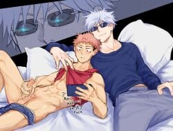 2boys age_difference bed blush cum erect_penis erection gay gay_male gay_sex goyuu itadori_yuuji jujutsu_kaisen male male/male masturbating masturbation muscles muscular muscular_male old_man older_male older_man_and_younger_boy penis pink_hair satoru_gojo sex student teacher teacher_and_student uniform white_hair yaoi younger_male