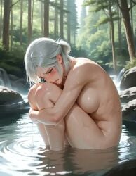 ai_generated bathing breasts cd_projekt_red ciri completely_nude drowner female green_hair jaarulz light-skinned_female nude pussy solo tears the_witcher_(series) the_witcher_3:_wild_hunt wet_body white_hair