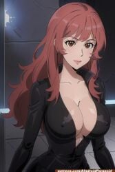 ai_generated aindroidparanoid breasts brown_eyes cleavage gigantic_breasts hourglass_figure huge_breasts latex latex_clothing latex_suit long_hair massive_breasts mine_fujiko narrow_waist nipples orange_hair slim_waist stable_diffusion voluptuous wavy_hair