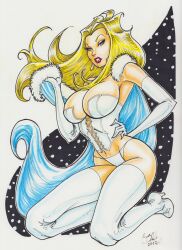 1girls blonde_hair blue_eyes clothed emma_frost female female_only fur fur_coat heels marvel marvel_comics sitting squatting traditional_media_(artwork) white_fur white_queen x-men