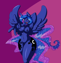 1girls alicorn anthro breasts cutie_mark edit equine female female_only friendship_is_magic horn horse looking_at_viewer mastergodai my_little_pony navel one_eye_closed pony princess_luna_(mlp) pussy see-through see-through_hair solo sparkles wide_hips wings wink