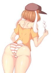 1girls animal_ears ass bare_shoulders blonde_hair brown_hat cuchuflin dango food from_behind hat holding orange_panties orange_shirt panties rabbit_ears rabbit_tail ringo_(touhou) shiny_skin shirt simple_background solo standing striped_clothing striped_panties tail thick_thighs thighs touhou underwear wagashi white_background