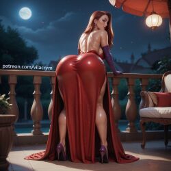 ai_generated back_view bent_over big_ass big_breasts disney dress elbow_gloves high_heels huge_ass jessica_rabbit red_dress red_hair red_lipstick stable_diffusion vilacrym who_framed_roger_rabbit