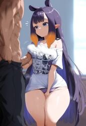 1boy 1girls :0 ai_generated faceless_male handjob hololive long_hair masturbation motion_lines ninomae_ina'nis off_shoulder panties penis penis_against_breast playing_with_self striped_panties sweat t-shirt thick_thighs user_8928