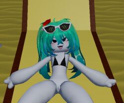 1girls beach blue_hair bra eyewear_on_head green_hair on_back on_bed pussy roblox roblox_avatar roblox_game robloxian sand spread_legs sunglasses tongue tongue_out white_skin