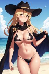 ai_generated azur_lane beach big_breasts bikini black_bikini black_cape blonde_female blonde_hair cape hornet_(azur_lane) ocean sfa1903 smile summer_hat