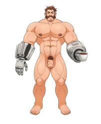 1boy abs bara coffee commission completely_nude cup expressionless flaccid foreskin full_body highres ho_tdoug holding holding_cup huge_pectorals looking_at_viewer male_focus male_only mature_male muscular muscular_male mutton_chops navel navel_hair nipples nude overwatch overwatch_2 prosthesis prosthetic_arm solo solo_male standing stomach straight-on tachi-e thick_eyebrows thick_thighs thighs tom_beansons tsurime uncensored