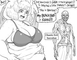 1boy absurdres asymmetrical_arms bb_(baalbuddy) bbw belly_grab big_belly bikini breasts chubby chubby_female comic coomer_(meme) demon_girl demon_horns demon_wings emaciated english_commentary english_text fat female greyscale grin highres horns large_breasts meme monochrome obese original short_hair smile solo_focus swimsuit topless_male weight_conscious wings