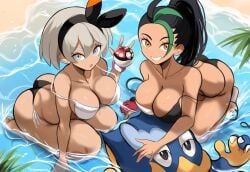 2girls ai_generated bea_(pokemon) beach big_breasts bikini dark-skinned_female dark_skin mullon nemona_(pokemon) novelai poke_ball pokemon pokemon_ss pokemon_sv summer water
