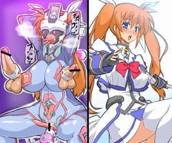 1futa 1girls ahe_gao balls before_and_after big_clitoris bimbo blindfold blowjob_face blue_eyes bodysuit breasticles breasts brown_hair busty censored cleavage clitoris_expansion diphallia diphallism female futanari hair headgear huge_clitoris japanese_text long_hair lyrical_nanoha machine mahou_shoujo_lyrical_nanoha_strikers multi_balls multi_genitalia multi_penis oral penis penis_nipples pussy takamachi_nanoha text to-gnaniwa translation_request voluptuous what