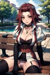 ai_generated aindroidparanoid akiza_izinski bench big_breasts breasts cleavage huge_breasts large_breasts narrow_waist open_legs outdoors outside panties park red_hair slim_waist spread_legs stable_diffusion yellow_eyes yu-gi-oh! yu-gi-oh!_5d's yu-gi-oh!_gx