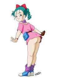 ass ass_focus blue_hair bulma_briefs dragon_ball dragon_ball_(classic) female female_only full_body hair_ornament miniskirt pink_skirt skirt smile solo teenage_bulma