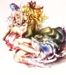 2girls barefoot blonde_hair dress female ghost_tail hat inari_(flandoll-scarlet-devil) japanese_clothes kariginu licking mononobe_no_futo multiple_girls pussy_juice saliva soga_no_tojiko tate_eboshi teasing touhou white_hair yuri