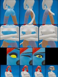 1girls 3d alien alien_to_anthro ass blue_background blue_skin breasts calico_cat comic ejejhajsheusususu eyebrows female fortnite fun_(fortnite) goth goth_girl malakisuglypotato_(artlist) nude nude_female red_hair red_lipstick simple_background standing tail transformation transformation_comic yellow_eyes