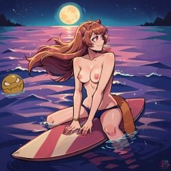 ai_generated beach bikini bombalurina_ai brown_hair jewlery medium_breasts monster moon nail_polish night nipples outside partially_submerged pink_eyes racoon_ears racoon_girl racoon_tail raphtalia solo stable_diffusion straddling surfboard swimsuit topless water wet wind