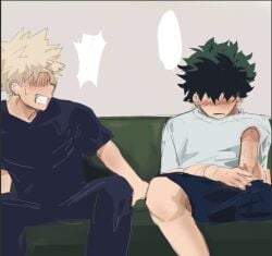 2boys blonde_hair blush couch darkline erection gay katsuki_bakugou lad male_focus male_only my_hero_academia presenting_penis sitting undressing