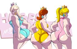 3girls ass axel-rosered bare_arms bare_legs bare_shoulders big_ass big_butt blonde_hair brown_hair dat_ass female female_only human leotard light-skinned_female light_skin mario_(series) mario_and_sonic_at_the_olympic_games multiple_females muscular_female nintendo princess_daisy princess_peach princess_rosalina sleeveless_leotard swimsuit tagme trio