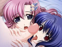 1boy 2girls ayane_(shimai_don) blue_hair blush game_cg katsura_tomoe long_hair maaya_(shimai_don) penis pink_hair shimai_don~shirudaku_de~ uncensored