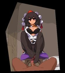 1boy 1girls animated belt black_belt black_bra black_hair black_pantyhose black_skirt blush bouncing_breasts bra breasts breasts_out cleavage clothed_female_nude_male collared_shirt commentary_request dark-skinned_male dark_skin feet female footjob footjob_with_legwear frilled_skirt frills hat large_breasts leaf_print looking_at_viewer lowres namako_daibakuhatsu nude panties panties_under_pantyhose pantyhose partially_unbuttoned penis pillow pixel_art pom_pom_(clothes) pov puffy_short_sleeves puffy_sleeves red_eyes shameimaru_aya shiny shiny_clothes shirt short_hair short_sleeves sitting skirt smile stool straight takorin thick_thighs thighband_pantyhose thighs tokin_hat touhou two-footed_footjob underwear white_shirt