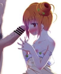 blush brown_eyes brown_hair censored clothing cum dokidoki!_precure double_bun dress female hands_clasped kago_no_tori penis precum precure pretty_cure pubic_hair short_hair small_breasts solo_focus tied_hair twintails yotsuba_alice