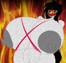 1girls big_breasts black_hair breasts breasts_bigger_than_head creepy creepy_smile edit female female_only fire fire_background hips hips_wider_than_shoulders huge_breasts huge_hips huge_thighs long_black_hair long_hair looking_at_viewer needlemouse_(series) nightmare_fuel nightmare_waifu red_eyes red_teeth sarah_henderson_(epitaph_form) sarah_henderson_(needlemouse) sharp_teeth silhouette_flames silhouetteflame smile smiling smiling_at_viewer tasteofchoklit_(edit) thick_thighs thighs vhs_filter white_body white_skin x_breasts