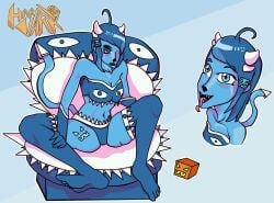 1girls ahoge belly blue_body blue_eyes blue_hair blush bra breasts clubette demon demon_girl demon_horns demon_tail edofirm female female_only geometry_dash horn horns leanderart64 navel open_mouth panties sharp_jawline short_hair small_breasts solo solo_female tail thighhighs thighs