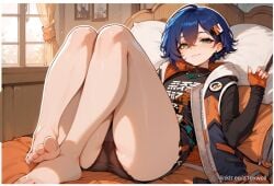 a1exwell ai_generated bedroom belle_(zenless_zone_zero) blouse cute_face feet female foot_fetish indoors jacket lying_on_back panties soles stable_diffusion zenless_zone_zero