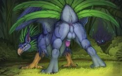 anus ass ass_up avian balls feral genitals grass grohnass gryphon hi_res keltaan looking_at_viewer male mythological_avian mythological_creature mythology penis perineum pink_anus pink_penis plant solo