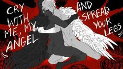 2boys angel angst artistic artistic_nude background blood canon_couple color colored demon devil dialogue dirk_strider faceless_character faceless_male full_color gay homestuck jake_english male male_focus male_only nude nude_male nudity short_hair short_hair_male spiky_hair svetoshumovaya yaoi