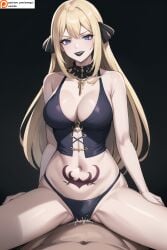 ai_generated blonde_hair blue_eyes collar cynthia_(pokemon) evil_smile milf omega-weirdo patreon pokemon pubic_tattoo rock_of_succubus