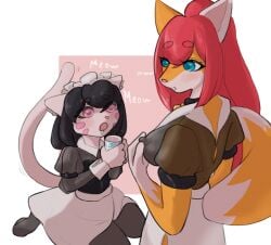 anthro bodily_fluids breast_milking breastfeeding canid canine clothing domestic_cat duo felid feline felis female female/female hair hi_res lactating maid_uniform mammal nipples red_hair softspecies uniform