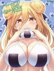 2d big_breasts bikini blonde_hair breasts date_a_live female female_only hoshimiya_mukuro light-skinned_female long_hair solo_female text tsubasaki yellow_eyes